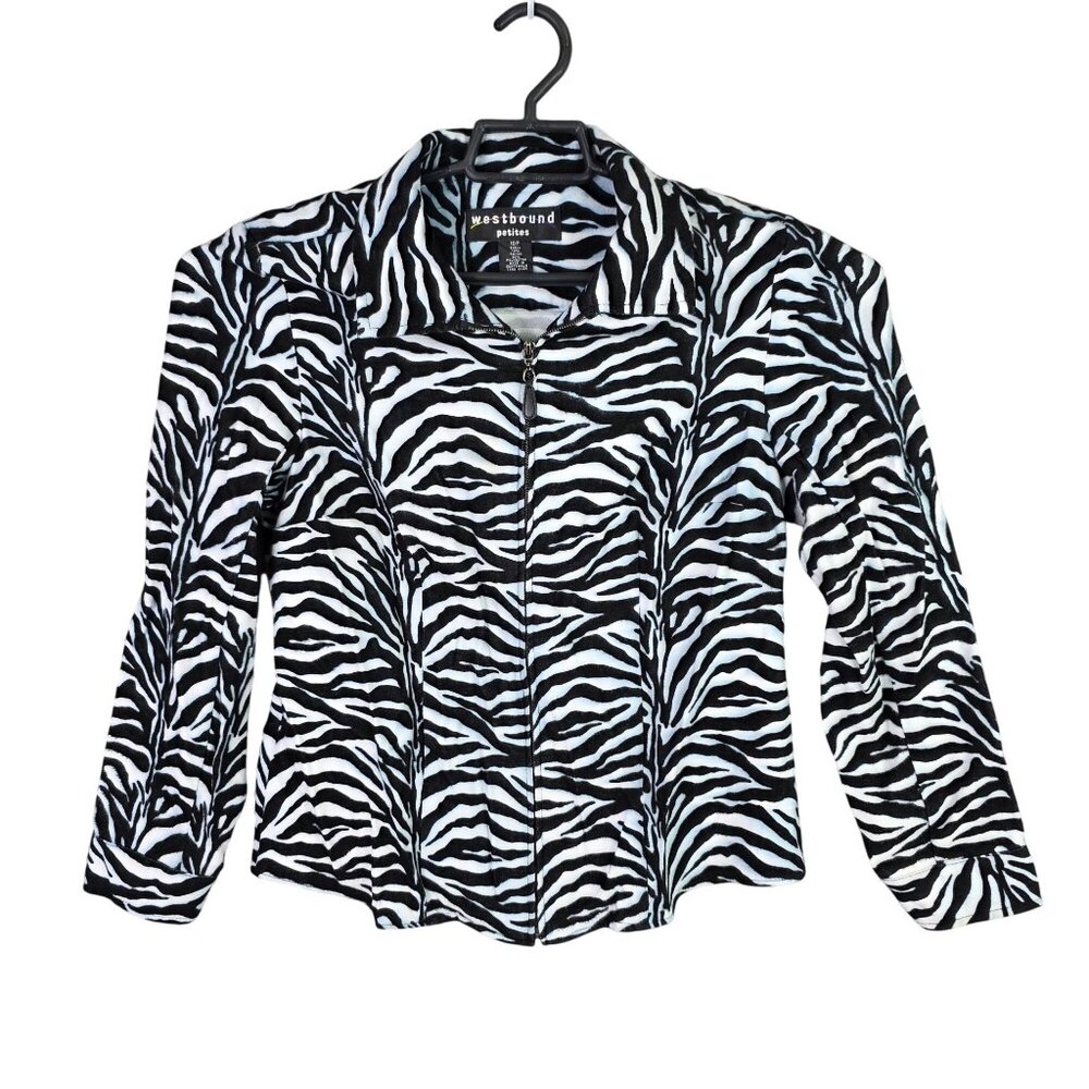Womens Westbound Petites Black White Zebra Print Jacket Full Zip Long Sleeve 10P